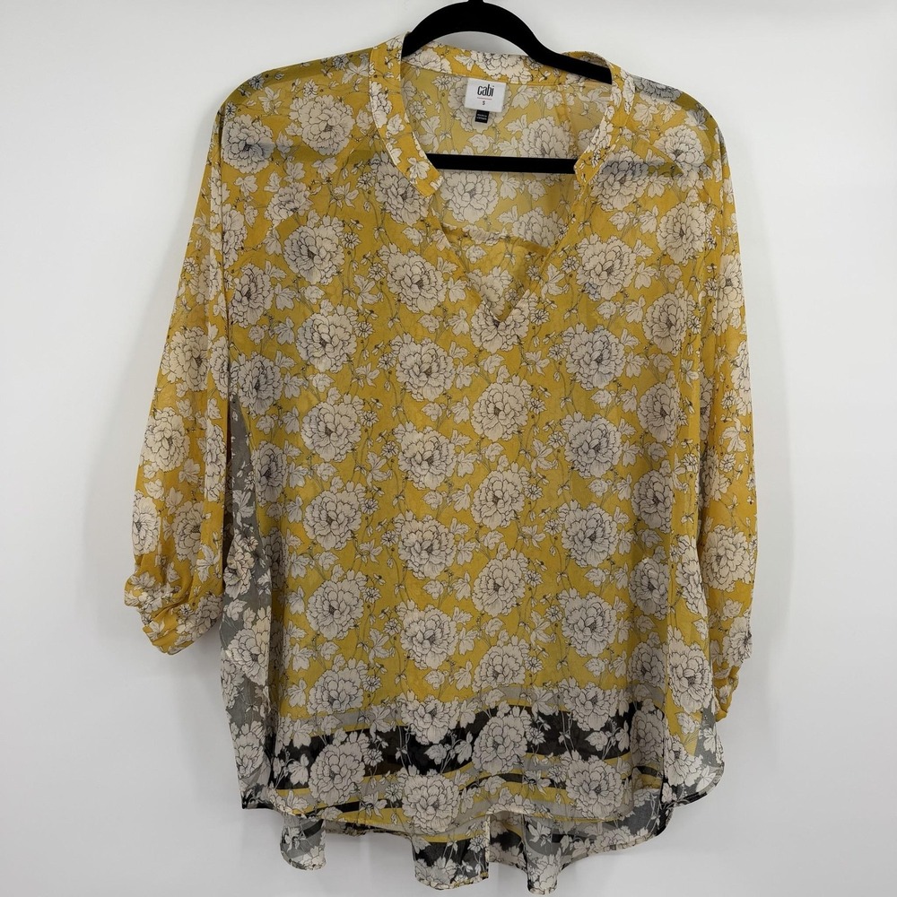 CAbi Tunic Womens Small Yellow Chiffon Floral Tie Lightweight 5713 Amelia Gather